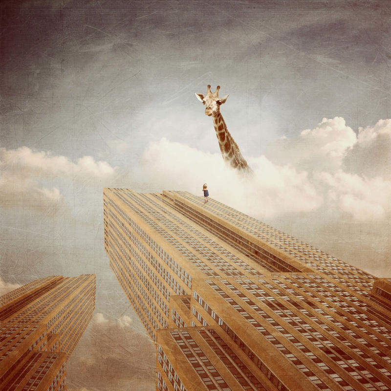 A giraffe rising above the clouds beside towering buildings — reaching higher.